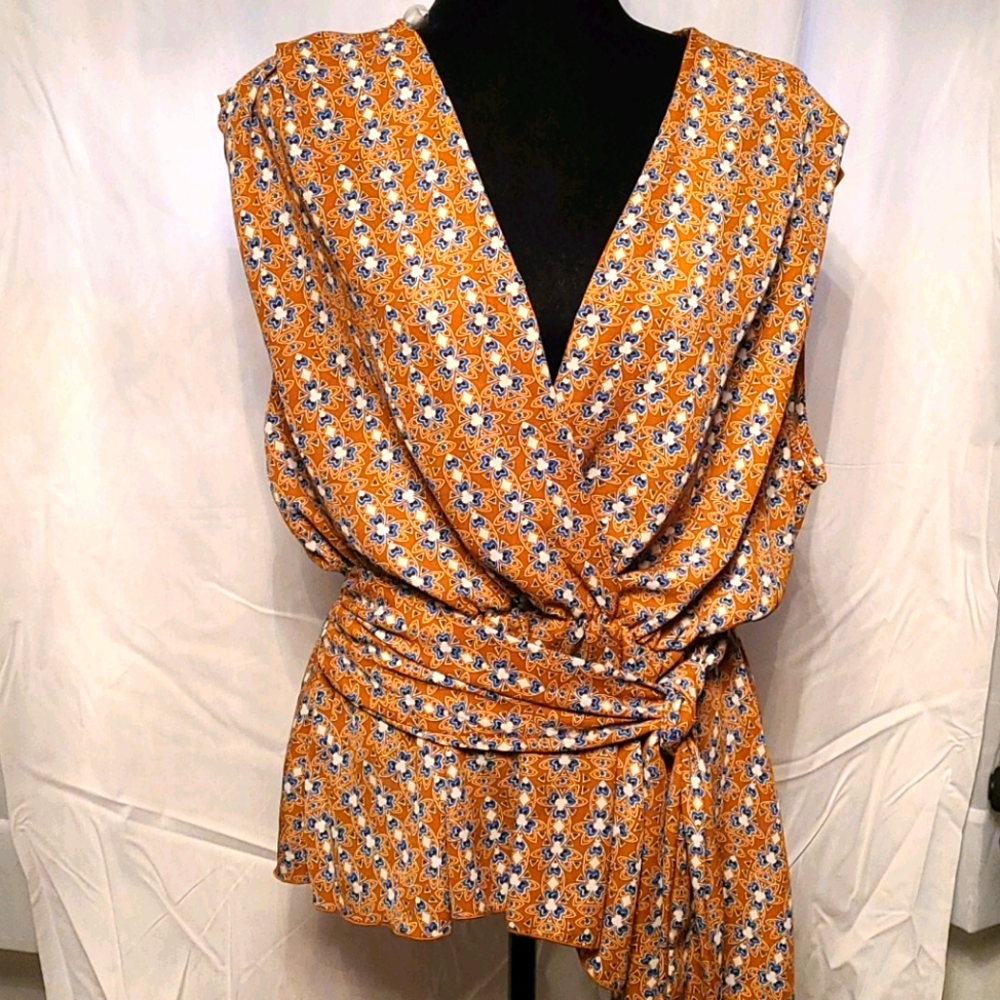 Tan blue & white blouse